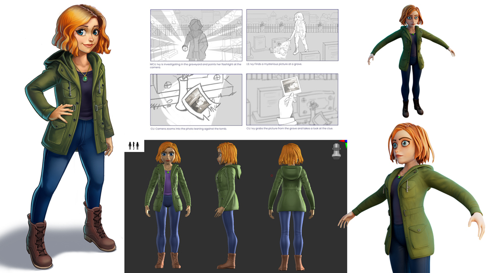 Pre-production images of Ashe Cove 3D models and storyboard